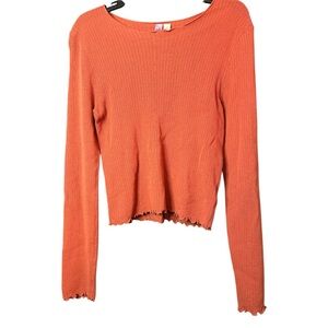 Alya Rusted Red, L Slv, Boat neck, Stretch Knit w/curled edges, L22” P2P 20”